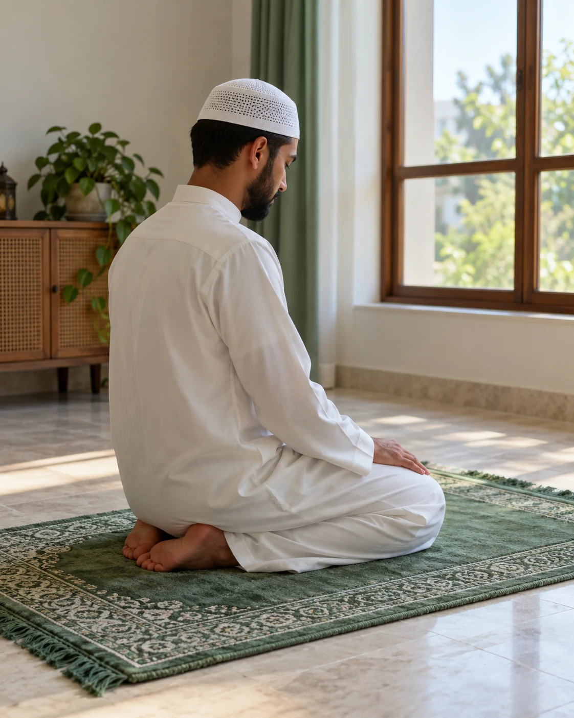 A Muslim man in a white thobe and prayer cap, seated in prayer on a prayer mat.